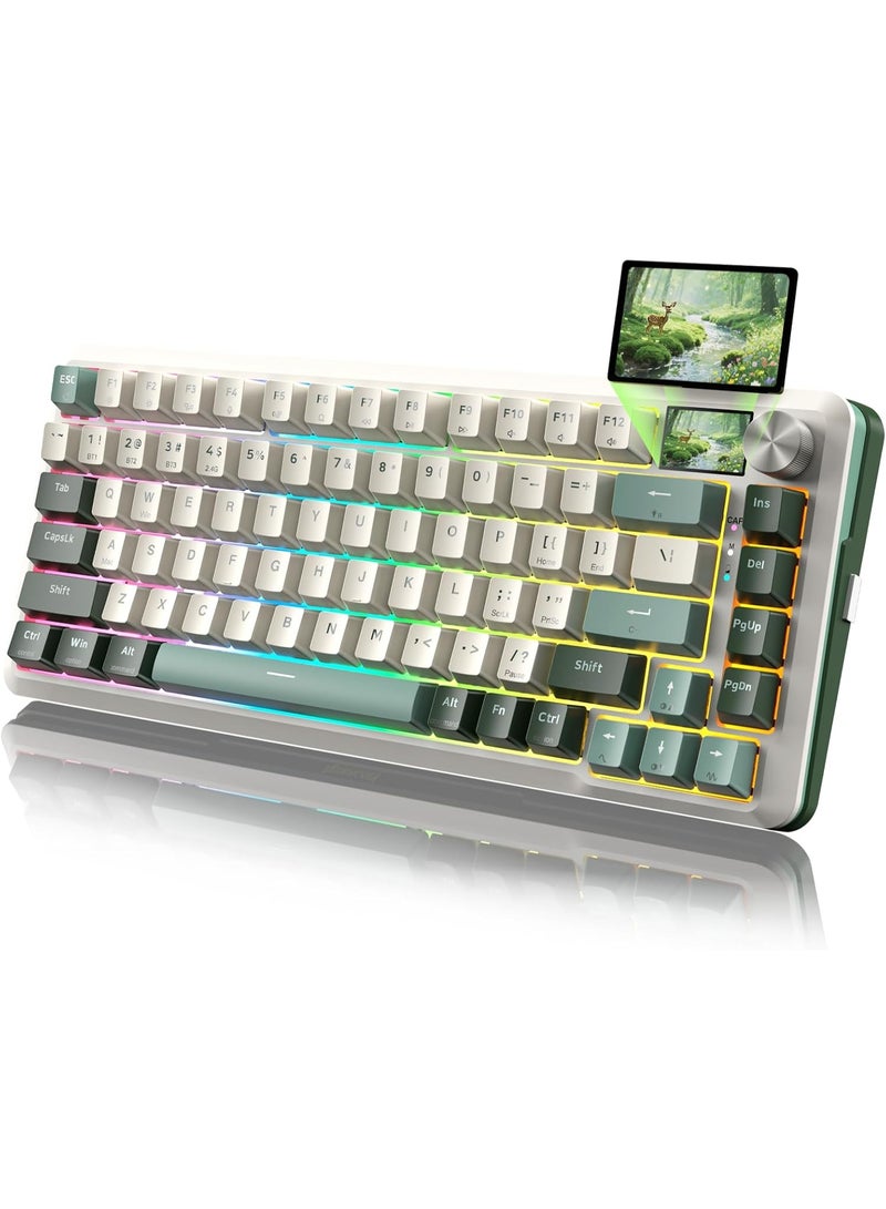 REDRAGON K708WLG Pro Wireless Mechanical Gaming Keyboard – 75% Layout 81 Keys, Tri-Mode 2.4G / Bluetooth / USB-C, Gasket Mount, Hot-Swap Pre-Lubed Switches, RGB Backlit, Smart LCD Screen & Control Knob, White & Green - Image 2